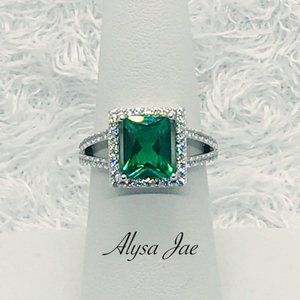 Sterling Silver/Rhodium Emerald Halo Ring, 7